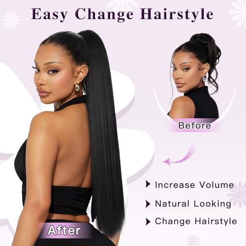 Long Straight Ponytail Extension 32 Inch Black Drawstring Hair for Women