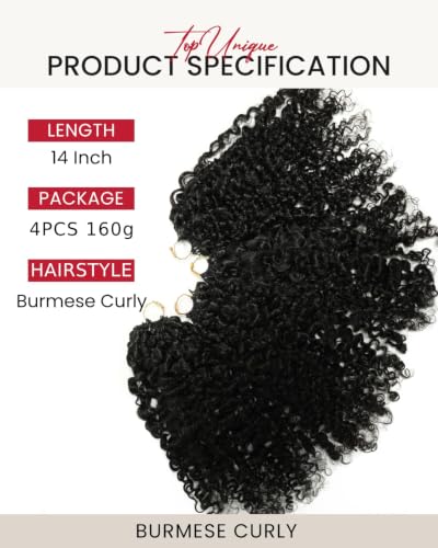 Topunique Burmese Curly Human Crochet Hair 14 Inch 4 Pack Natural Black #1B