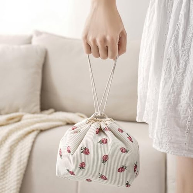 Cute Soft Corduroy Drawstring Makeup Bag with Canvas Lining, Coquette Aesthetic Drawstring Cosmetic with Strawberry Pattern for Women Girls, Kawaii Travel Makeup Organizer Case(06 Strawberry)
