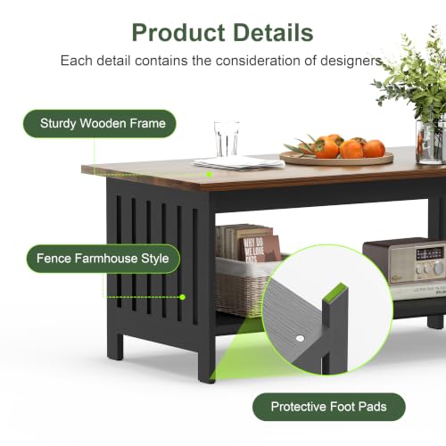 YOSHOOT 39.4-Inch Black Farmhouse Coffee Table with Double Shelf, Small Living Room Table