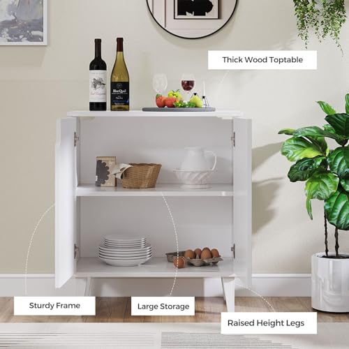 White Farmhouse Coffee Bar Cabinet with Soft-Close Doors - Kitchen Storage Sideboard