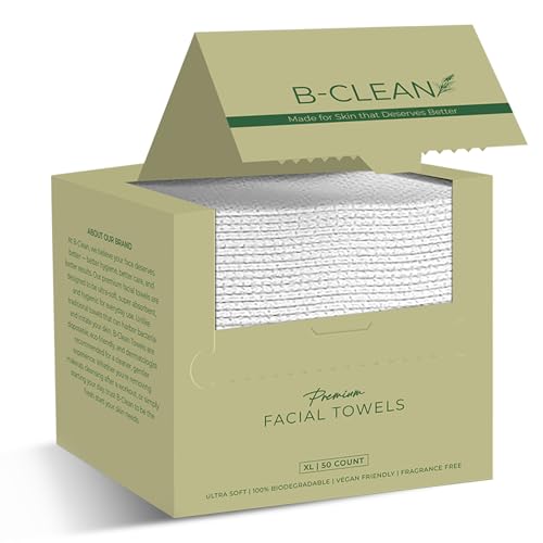 B-Clean Premium Facial Towels - Extra Soft, Tear -Resistant, Lint Free, Disposable, Vegan, Fragrance-Free Hygienic Skincare Towels for Daily Cleansing and Makeup Remover Dry Wipes (50 Count Pack of 2)