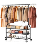 Heavy Duty Rolling Clothes Rack with 3 Shelves - Black - Expandable & Adjustable