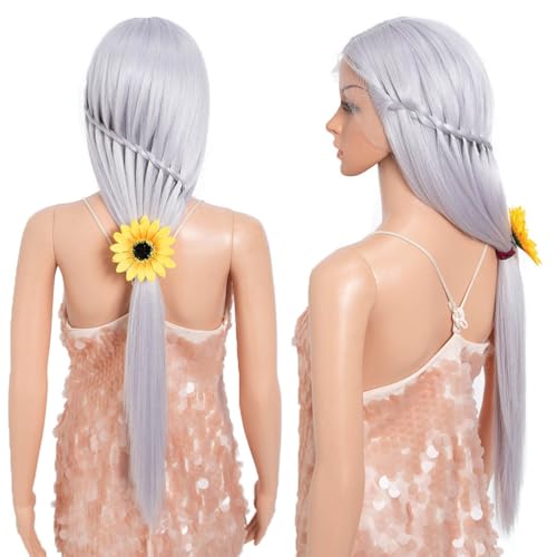 Mid-Part Silver White Purple Long Straight Synthetic Wig - Thistle Variation