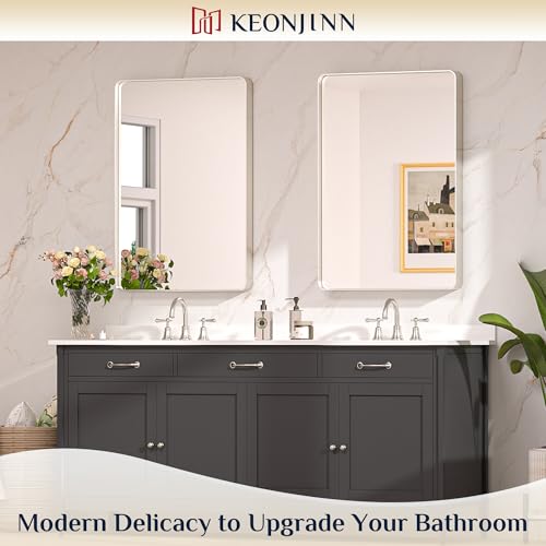Keonjinn Brushed Nickel Bathroom Mirror 24 x 36 Inch Over Sink - Modern Rounded Frame