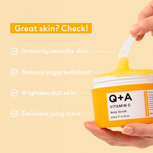 Q+A Vitamin C Body Scrub (200ml), Exfoliating Body Scrub, Brightening and Hydrating Sugar Scrub with Citrus Essential Oils, Vitamin C and Evening Primrose Oil