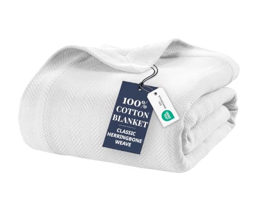 Lane Linen King Size Cotton Blanket - White, Textured Herringbone Weave, 90x108 Inches