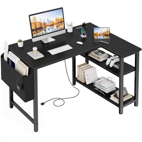 Black 39.4-Inch L Shaped Computer Desk with Power Outlet & Shelves - Small Home Office Corner Desk