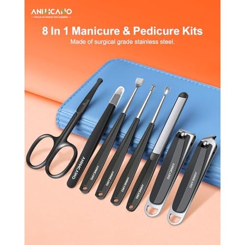 Manicure & Pedicure Kit for Men & Women, ANIHICANO 8-in-1 Premium Stainless Steel Personal Care Tools Set with PU Leather Case, Travel-Friendly for Home & Professional Use (Black)