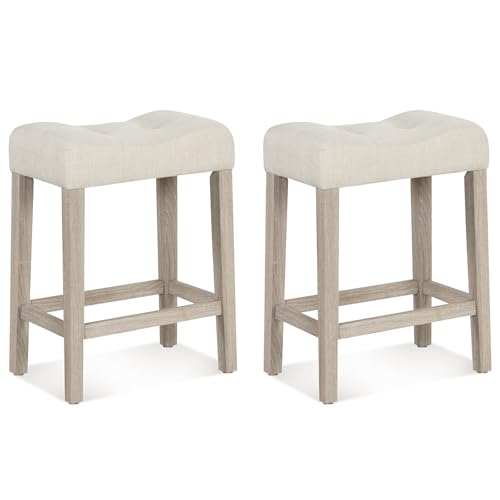 Beige Saddle Bar Stools Set of 2 - Counter Height Farmhouse Seating