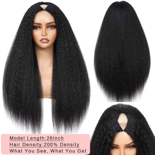 V Part Wig Human Hair Kinky Straight Human Hair Wigs Upgrade U Part Human Hair Wig for Women No Leave Out No Sew In 200% Density Natural Color 28 Inch