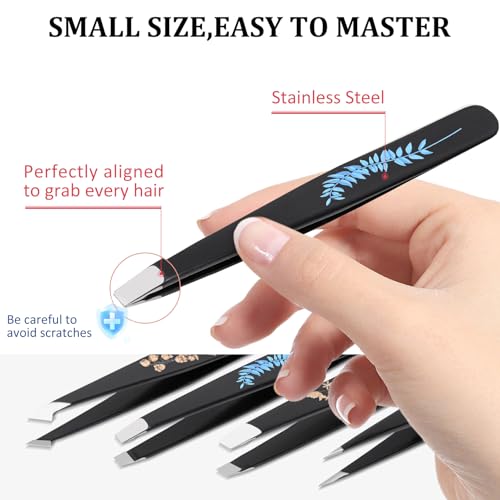 Personalized Tweezers Set for Women Facial Hair in Floral Travel Case, Small Self Care Thoughtful Easter Basket Stuffers Gifts for Her Friend, Eyebrow Ingrown Hair Splinter Removal Grooming Kit Tiger
