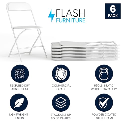 White Plastic Folding Chairs Set of 6 - Heavy Duty Stackable Event Seating