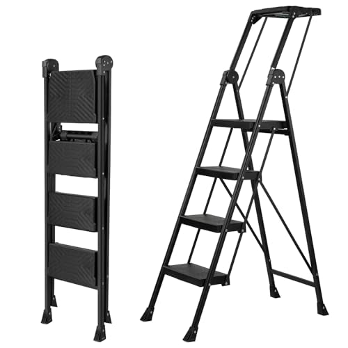 Heavy Duty Steel 4 Step Ladder with Foldable Handrail & Tool Tray - Black