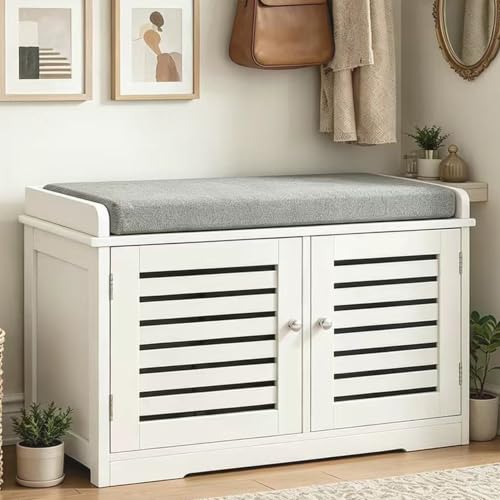 White Shoe Storage Bench with Padded Seat & 2 Doors - Modern Entryway Furniture