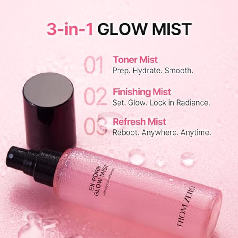FROM ZERO EX-PDRN Glow Mist, Pink Ceramide Toner Spray, Rose Scent, Light-weight Hydration, Moisturizing, Broccoli PDRN, Jinseng Exosomes, Vegan Collagen, Niacinamide, Gift for Girlfriend, 3.38 fl.oz.