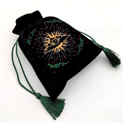 Black Velvet Pouch for Tarot Decks, Oracle Cards and Crystals, Embroidered Mystical Makeup Bag, Soft Velvet Cosmetic Pouch, Travel Organizer Storage Bag with Tassel