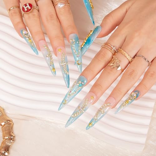 Press On Nails Pisces Blue French Tip - Reusable Stiletto Full Cover Nails