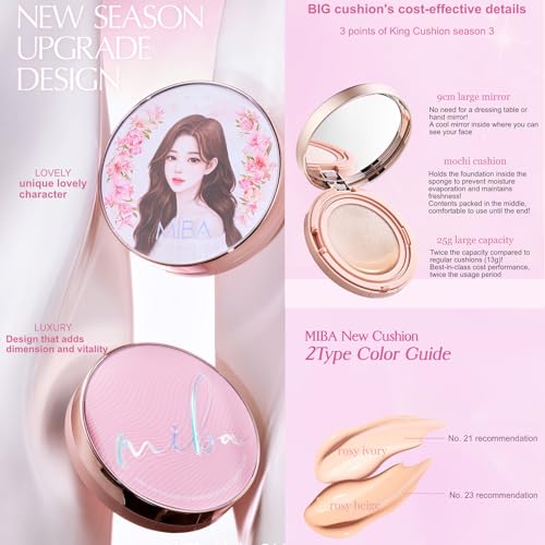 MIBA Ion Calcium Foundation Double Cushion Glow 25 g / 0.88 oz Big Cushion SEASON 3. Long Lasting Cover Effect. Moisture glow. Skin tightening relief. Smooth adhesion. (#23 Rosy Beige Refill)