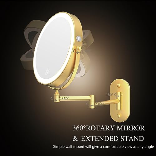 Rechargeable Wall Mounted Lighted Makeup Vanity Mirror 9 Inch Double Sided 1X 10X Magnifying Bathroom Mirror, 3 Color Lighting, Touch Screen Dimming, 360 Rotation Shaving Mirror Gold