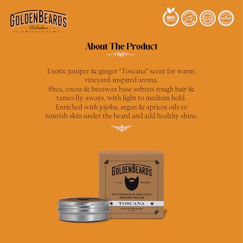 Golden Beards Organic Beard Balm Toscana ? Shea, Cocoa & Beeswax Blend with Juniper & Ginger Scent ? 60ml Vegan Styling Balm for Beard Softening & Conditioning, Handmade in Denmark.