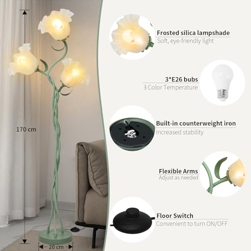Green Flower Floor Lamp with Flexible Neck - Tall Reading & Bedroom Decor