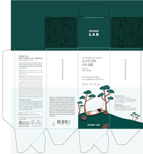 ROUND LAB Pine Cica Ampoule - Hydrating Skin Barrier Serum with Hyaluronic Acid