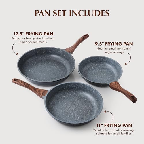 Nonstick Frying Pans Set - Gray Granite Coating, 3 Sizes 9.5, 11 & 12.5 Inch