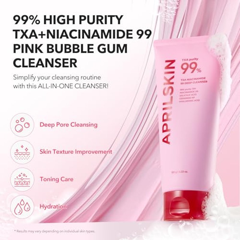 APRILSKIN TXA Affordable Daily Skincare set: TXA Niacinamide 99 Pore Care Pink Bubble Gum Deep Cleanser and TXA Niacinamide 99 Pink Milky Toner