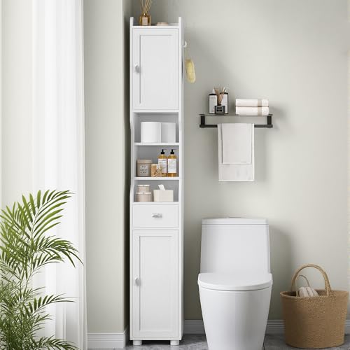 Tall Bathroom Storage Cabinet - White, 11 x 11 x 70.9 Inches, Narrow Floor Cabinet with Doors & Drawer