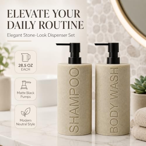 Tan Refillable Resin Shampoo & Body Wash Dispenser Set with Matte Pump Top – Durable Bathroom Accessory