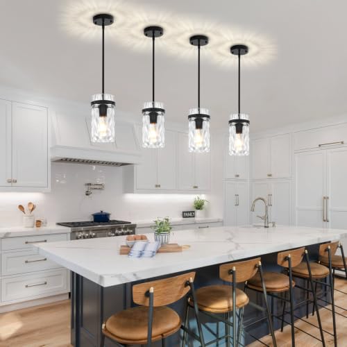 2-Pack Black Hammered Glass Pendant Lights for Kitchen Island - Modern Adjustable Hanging Lamp by ZSMIHDOH