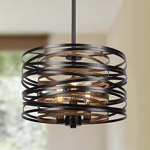 12.6-Inch Farmhouse Chandelier with Retro Wood Texture and 3 Lights - Black Pendant Light for Dining Room Kitchen Foyer
