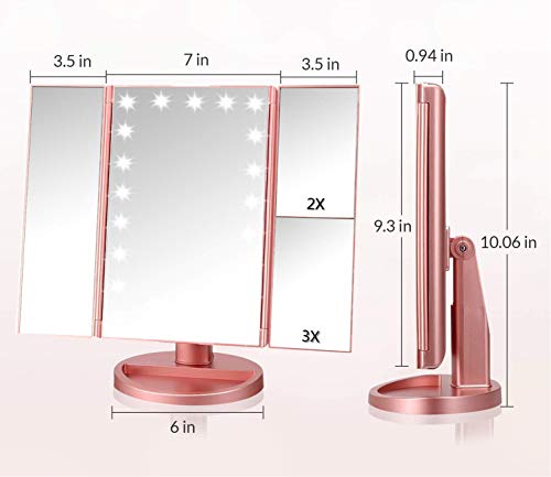 Infitrans Rose Gold Trifold LED Makeup Mirror with Lights & Touch Control