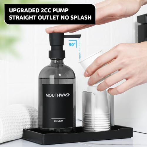 Mouthwash Dispenser for Bathroom, Glass Mouth Wash Pump Dispenser with Cup Holder, 17 Fl Oz Mouthwash Bottle Decanter with Tray, Refillable Mouthwash Dispenser Container (Clear Black)