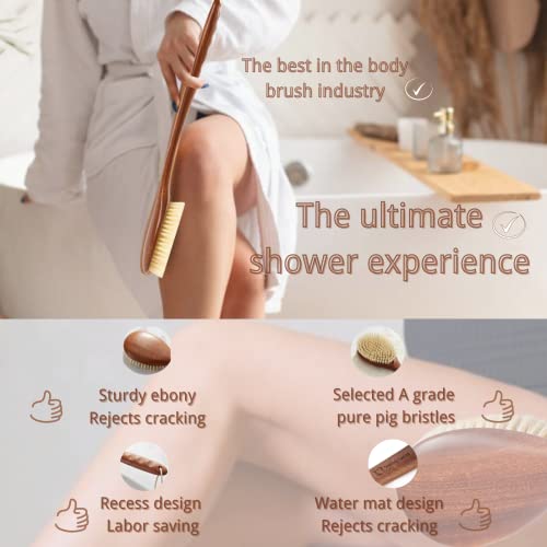 Dry Body Brush with Long Wooden Handle for Exfoliation & Back Scrubbing - Natural Boar Bristles