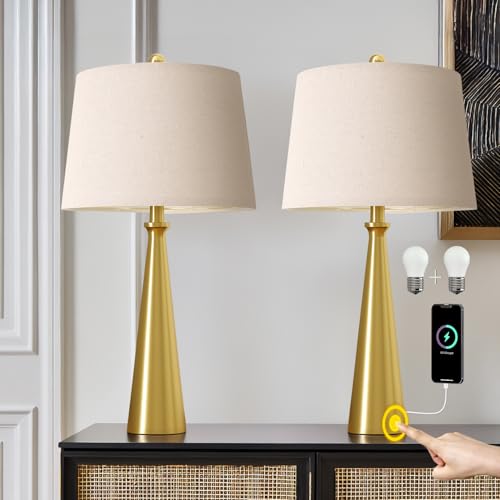 25.75-Inch 3-Way Dimmable Touch Control USB Table Lamp Set of 2 - Gold