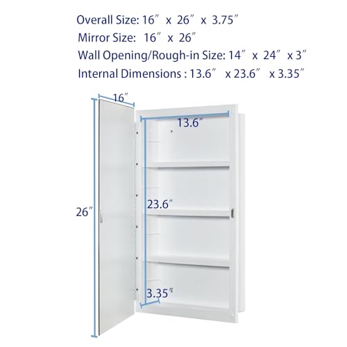 White Plastic Medicine Mirror Cabinet 16x26 Inch Beveled Door Surface & Recessed Mount