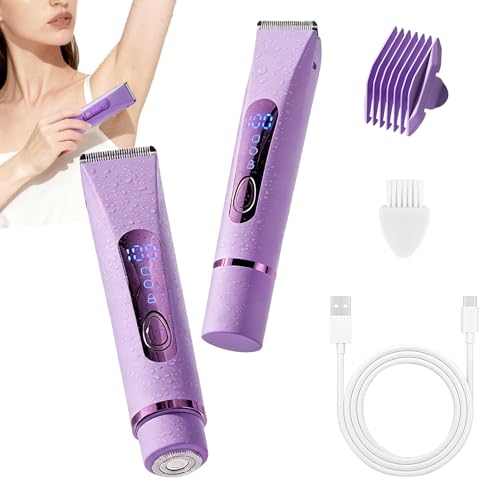 Bikini Trimmer for Women Electric?Double Head Dual Purpose, Ceramic Blade,IPX7 Waterproof,LCD Power Display,USB Rechargeable,Wet/Dry Painless Hair Removal for Face & Body (Violet)