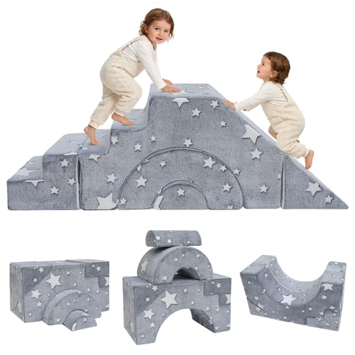 Starry Grey Glow-in-Dark Kids Foam Climbing Couch with Slide & Stairs