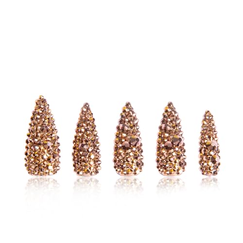 Reusable Gold Rhinestone Press-On Nails - Stiletto Full Cover Fake Nails, Salon Quality, 1.3 Inch
