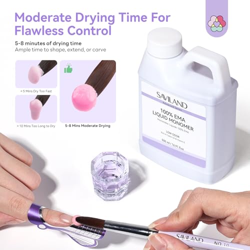 SAVILAND Advanced Monomer Acrylic Nail Liquid Kit: Pure EMA 16OZ Acrylic Liquid Low Odor Nail Monomer Liquid with 3 Pcs Acrylic Nail Brush Dappen Dish for French Nail Extension Carving DIY Home 500 ml