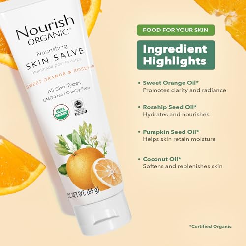 Nourish Organic Skin Salve, Sweet Orange & Rosehip ? Nourishing Body Lotion with Coconut Oil, Shea Butter & Cocoa Butter, 3.7 Oz + Washable Cotton Round.