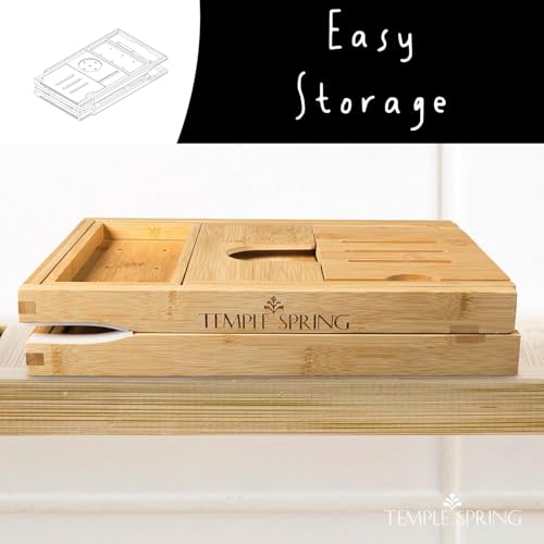 Foldable Bamboo Bathtub Tray Caddy - Expandable Wooden Bath Table with Wine & Book Holders - Space-Saving Bath Accessory - Housewarming Gift