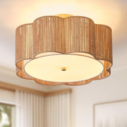 17.7-Inch Rattan Flush Mount Ceiling Light - Boho Farmhouse Drum Chandelier, Yellow, 3-Light