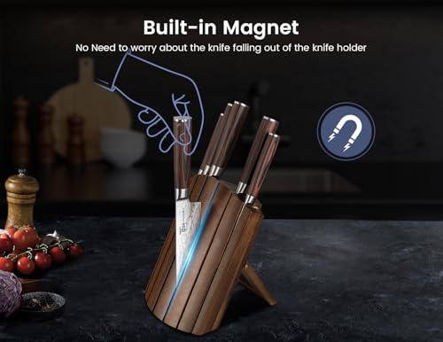 SYOKAMI 2026 Upgrade Kitchen Knife Set with Foldable Magnetic Acacia Wood Block - Sharp & Safe for Families