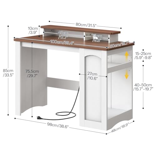 Farmhouse Style Computer Desk with Charging Station and Monitor Stand, Small Office Desk, White & Walnut