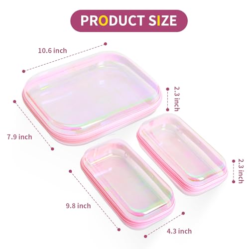 Clear Hard Shell Zipper Case Set - Laser Pink 3 Pcs, Portable Cosmetic & Organizing Bags