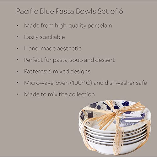 Mixed Patterns Pasta Bowls Set of 6, 22cm Blue Coastal Porcelain