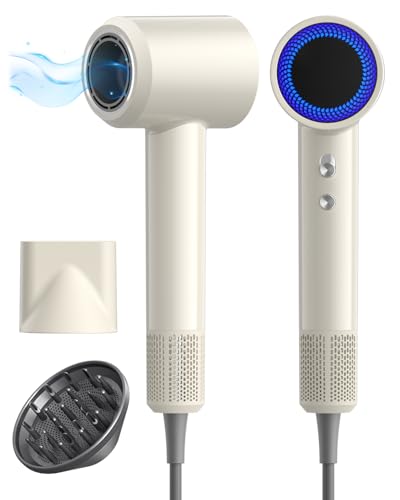Ionic Hair Dryer with Diffuser & Nozzles - Fast Drying & Smart Heat Control (Milktea, 2 Nozzles)